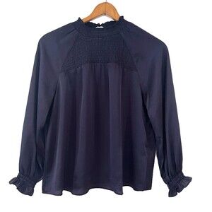 Nanette Lepore Navy Blue Smocked Satin Blouse High Neck Long Sleeves NEW NWT